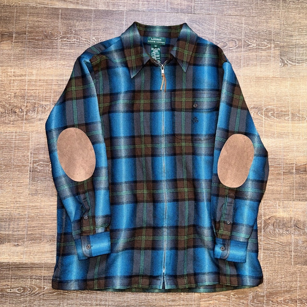 Ralph Lauren polo Medium Plaid Shirt Jacket Hunting Tweed Vtg RRL Leather Tartan